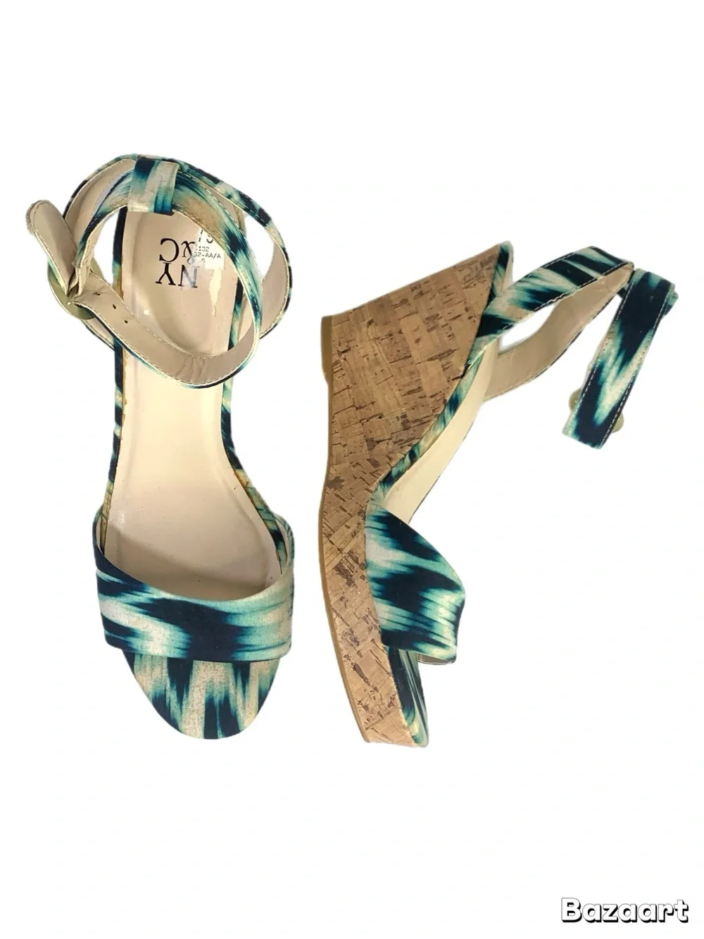 New York & Company Blue Green Abstract Print Cork Wedge Sandals Women’s Size 9